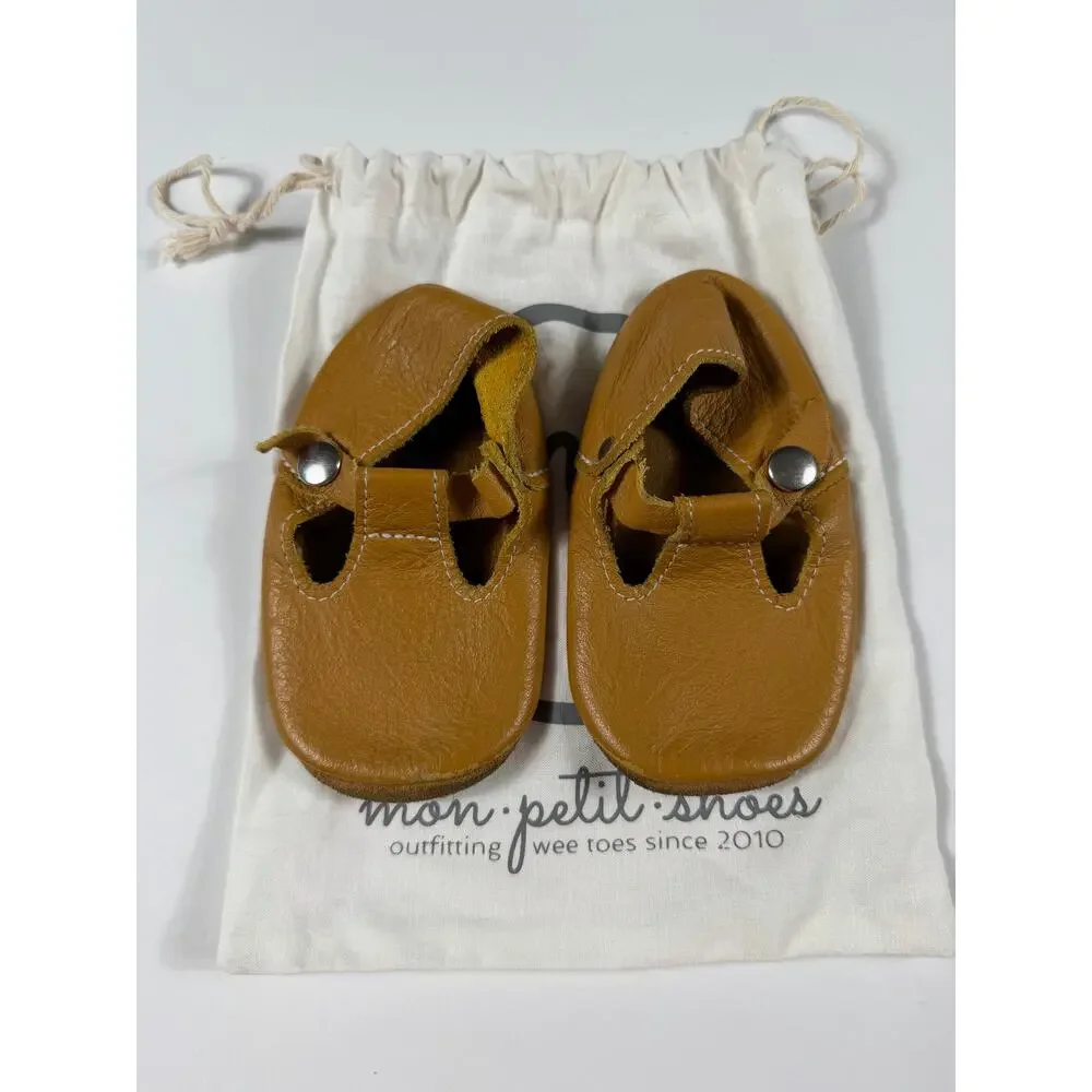 Mon Petit Shoes Handmade Leather T-Strap Soft Sole Shoes Mustard Size 6